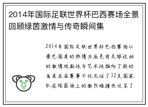 2014年国际足联世界杯巴西赛场全景回顾绿茵激情与传奇瞬间集 2014年国际足联世界杯巴西赛场全景回顾绿茵激情与传奇瞬间集